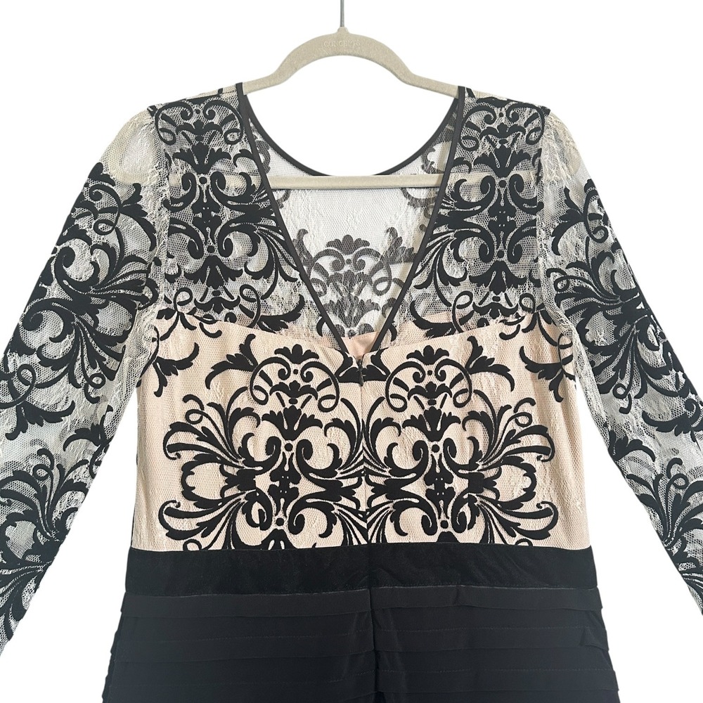 Betsy & Adam Dress Lace Damask Tiered Bandage Long Sleeve Black Nude 14 Cocktail - Picture 11 of 11
